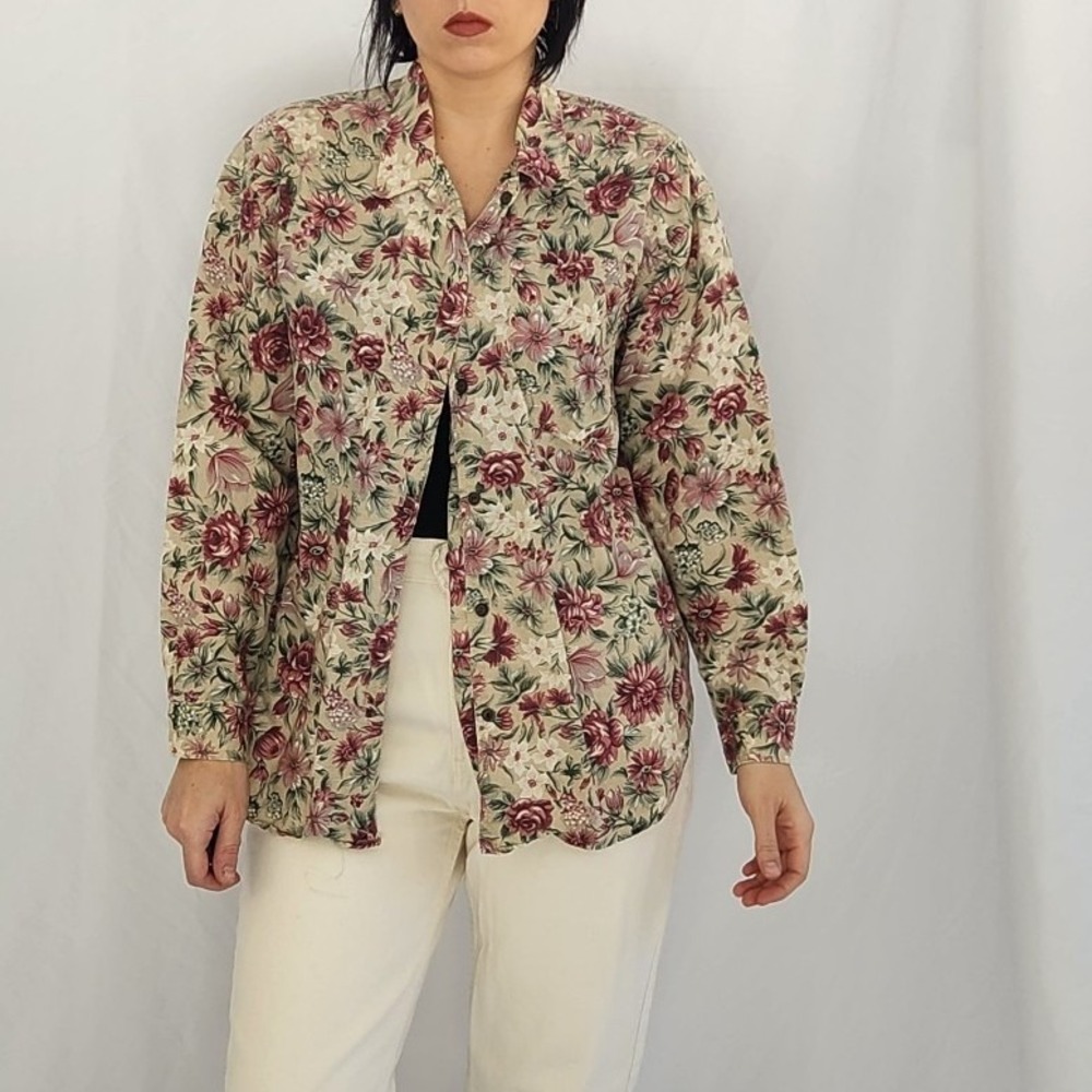 90s Tan and Pink Floral Button Down
